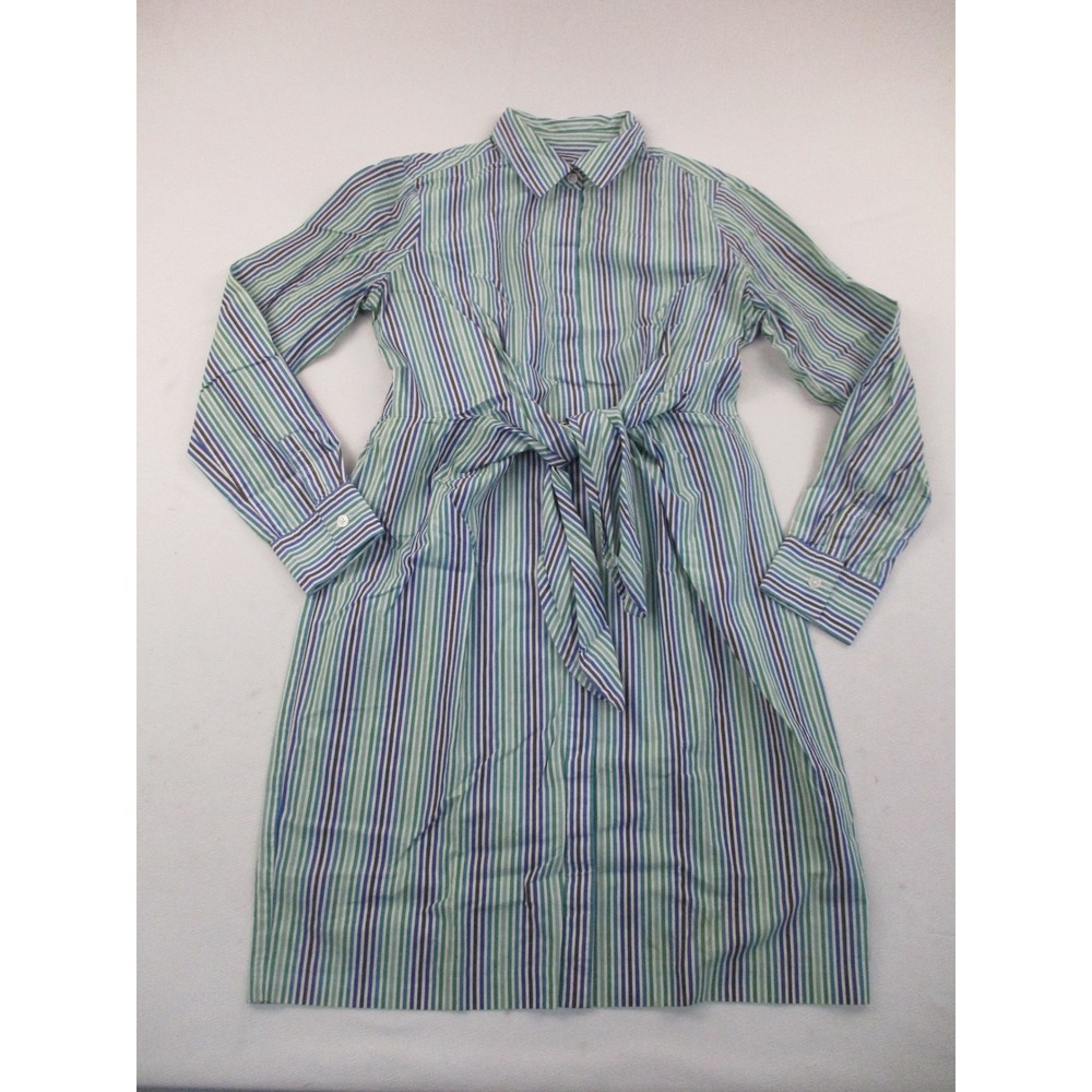 Calvin Klein Shirt Dress Womens 6 Green Blue Striped Tie Front Long Sleeve